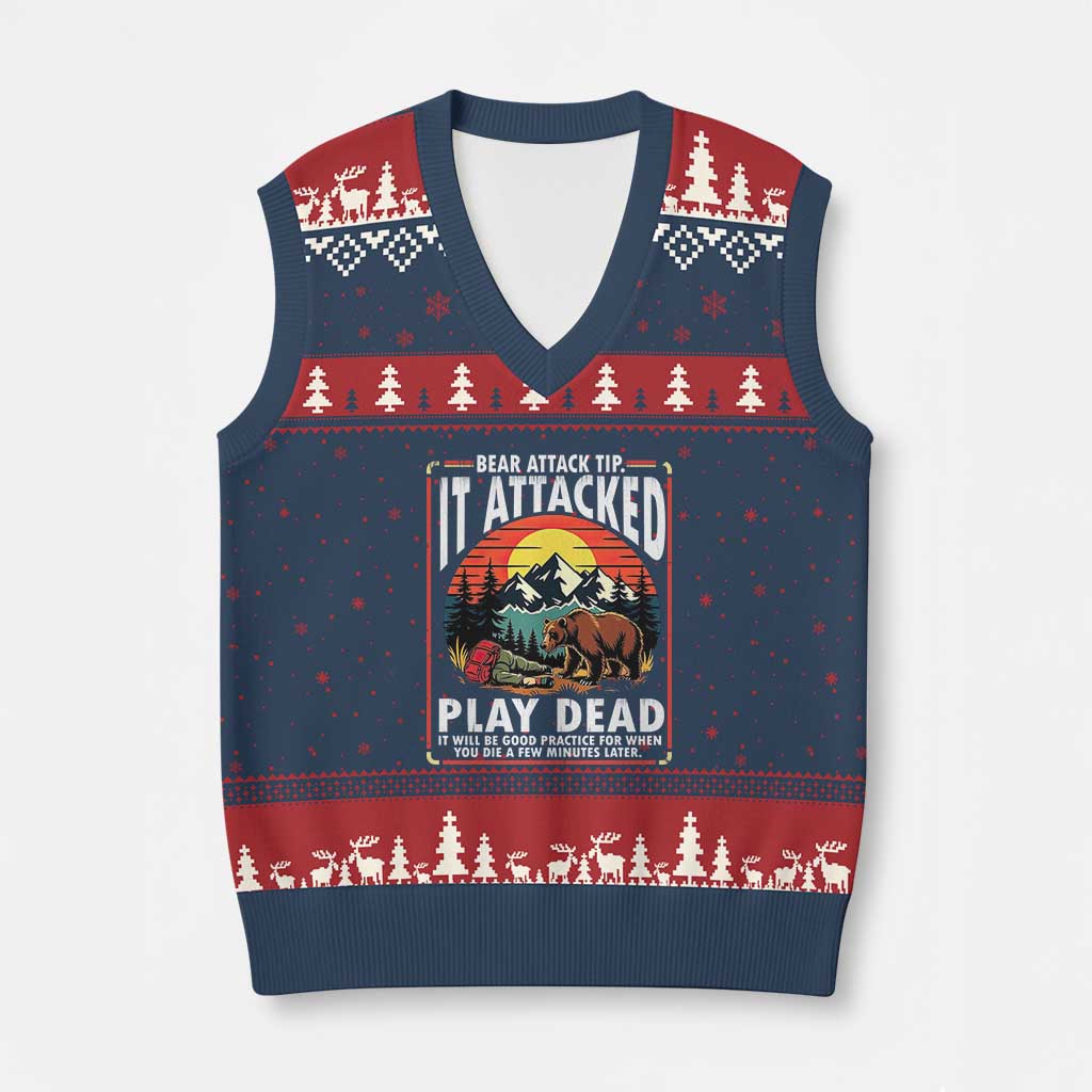Funny Camping Hiking Sarcastic V-Neck Knit Sweater Vest Bear Attack Tip TS14 Navy Red Print Your Wear