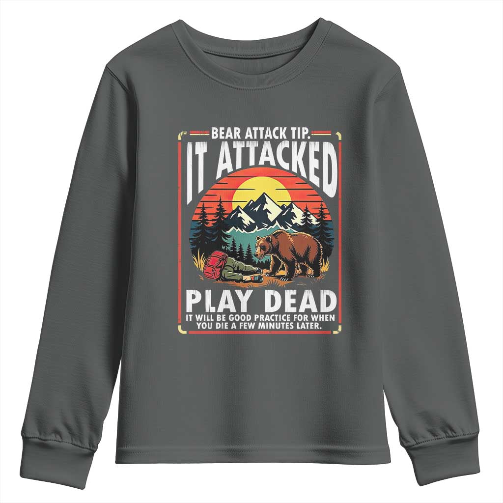 Funny Camping Hiking Sarcastic Youth Sweatshirt Bear Attack Tip TS14 Dark Heather Print Your Wear