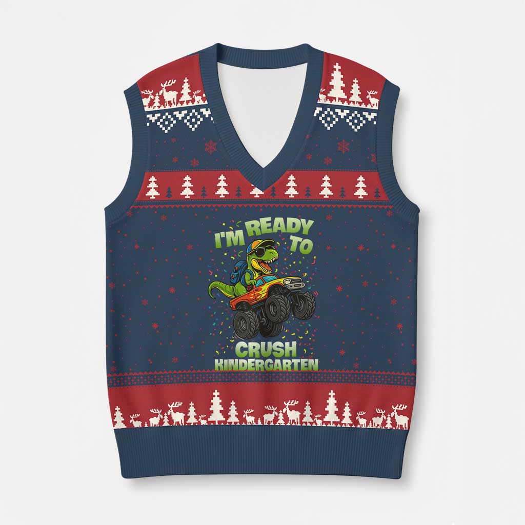 Back To School Boy Dinosaur V-Neck Knit Sweater Vest I Am Ready To Crush Kindergarten TS14 Navy Red Print Your Wear