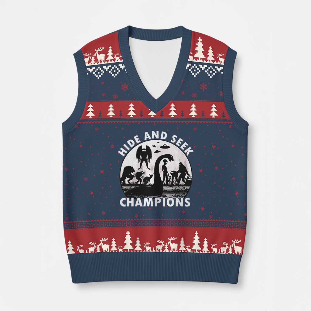 Hide And Seek Champions V-Neck Knit Sweater Vest Funny Cryptid Cryptozoology TS14 Navy Red Print Your Wear