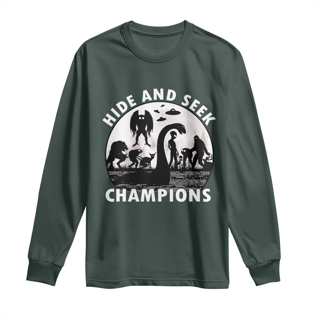 Hide And Seek Champions Long Sleeve Shirt Funny Cryptid Cryptozoology TS14 Dark Forest Green Print Your Wear