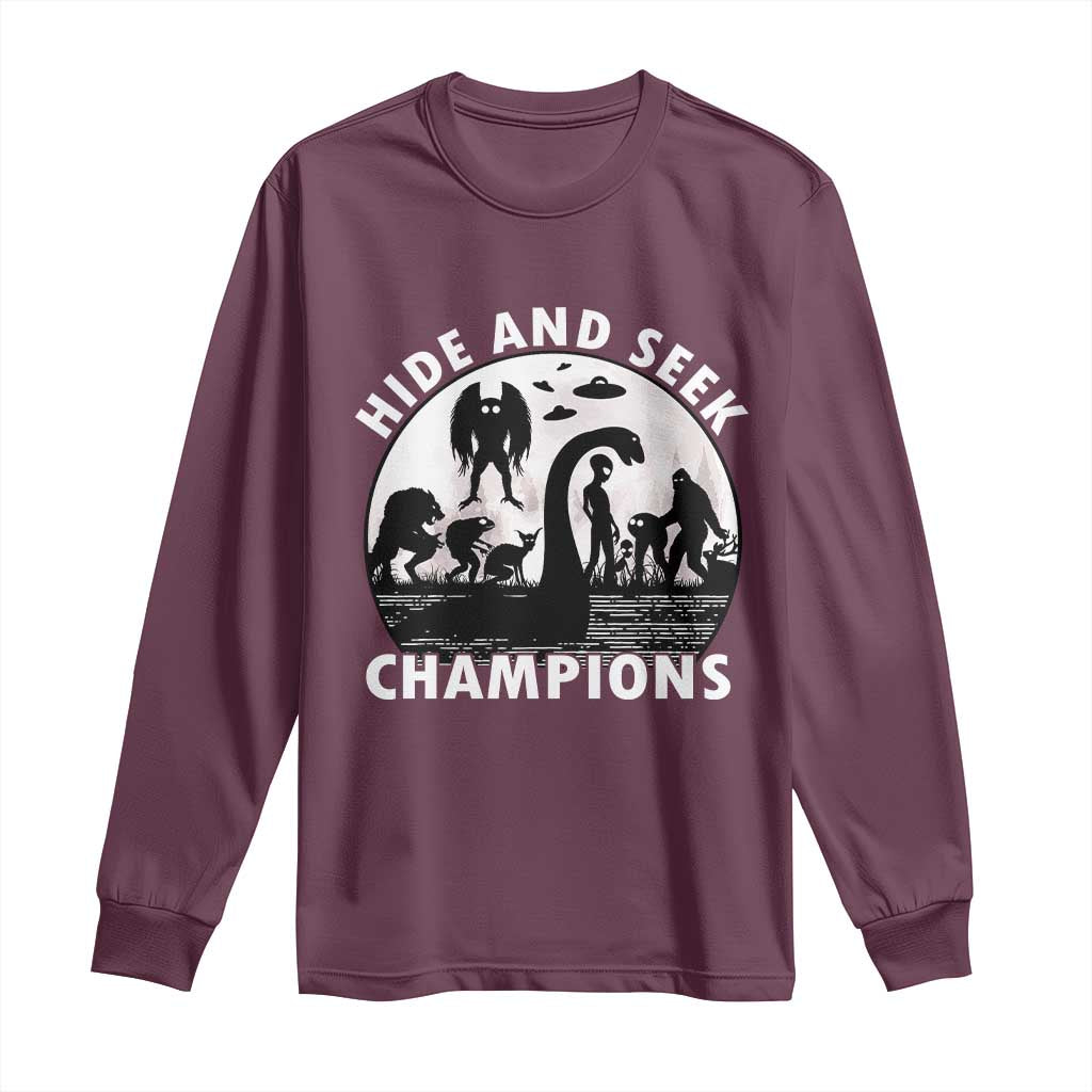 Hide And Seek Champions Long Sleeve Shirt Funny Cryptid Cryptozoology TS14 Maroon Print Your Wear