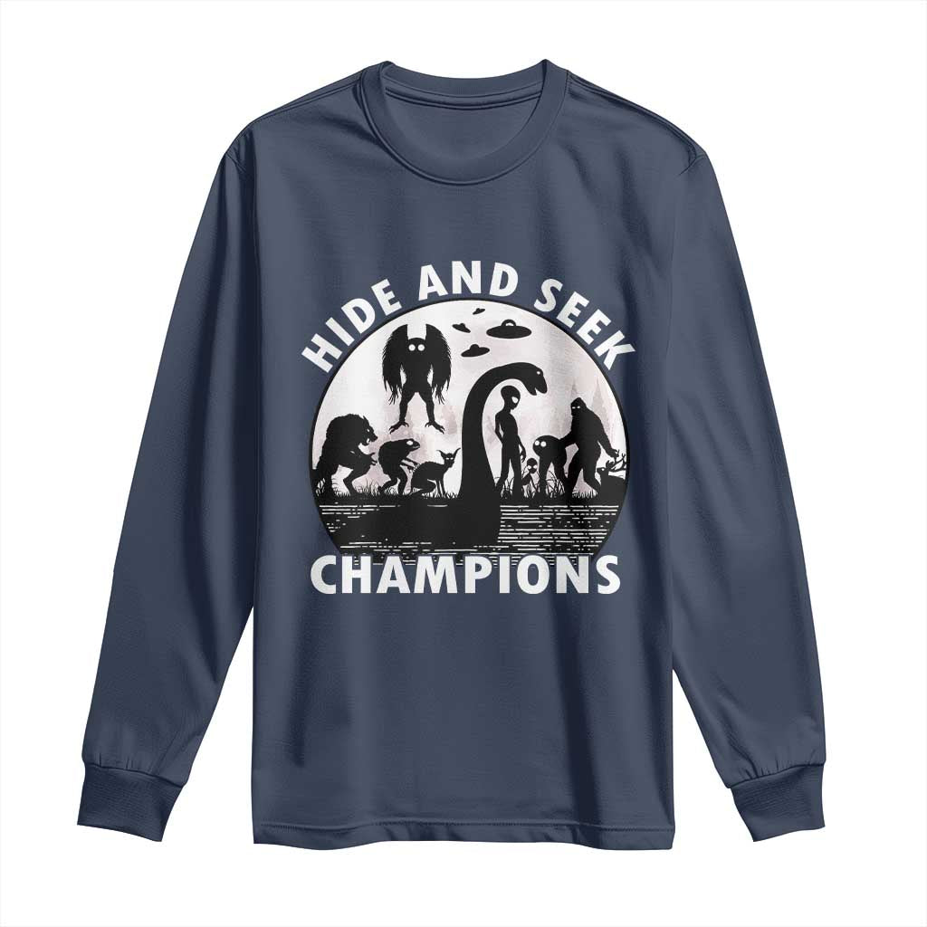 Hide And Seek Champions Long Sleeve Shirt Funny Cryptid Cryptozoology TS14 Navy Print Your Wear