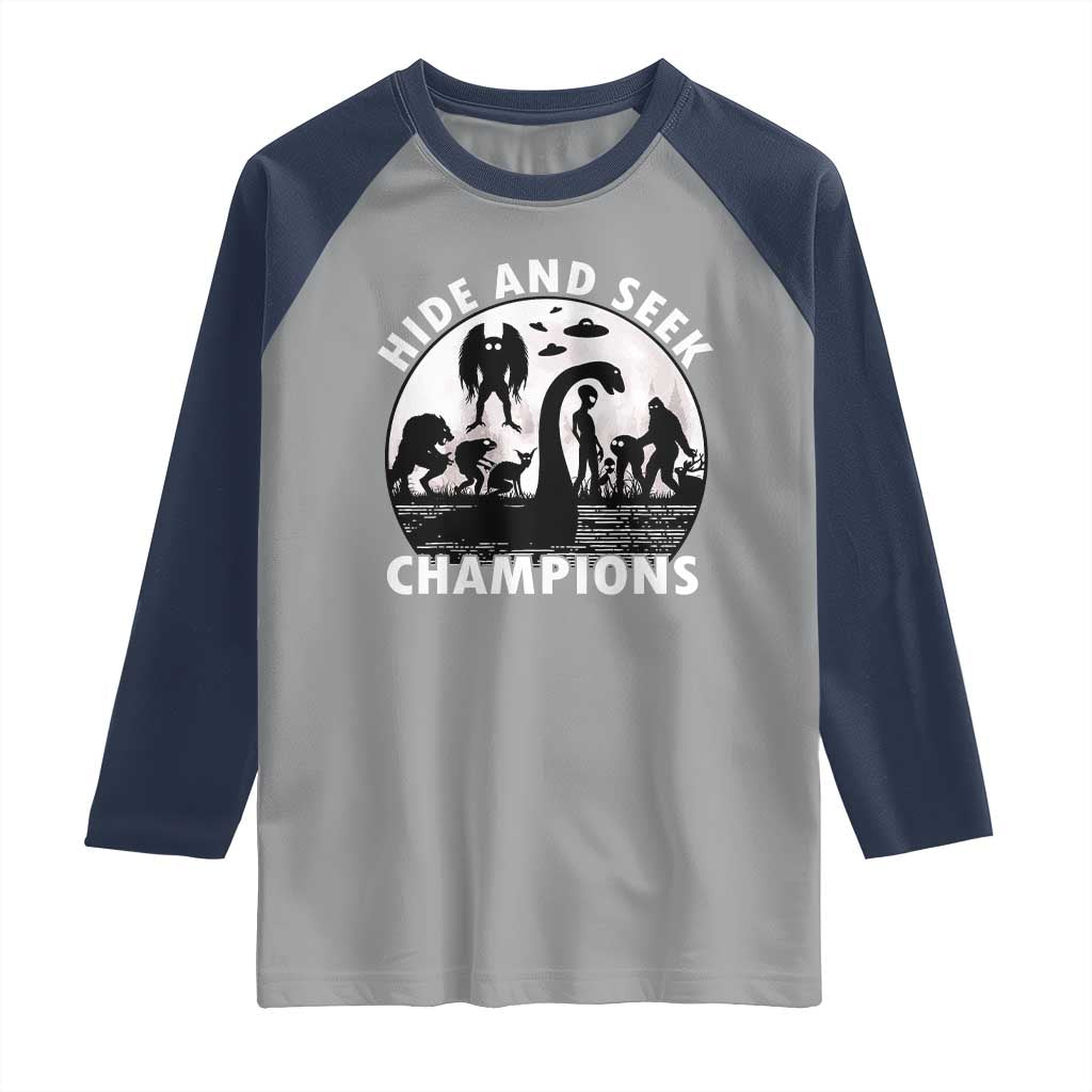 Hide And Seek Champions Raglan Shirt Funny Cryptid Cryptozoology TS14 Sport Gray Navy Print Your Wear