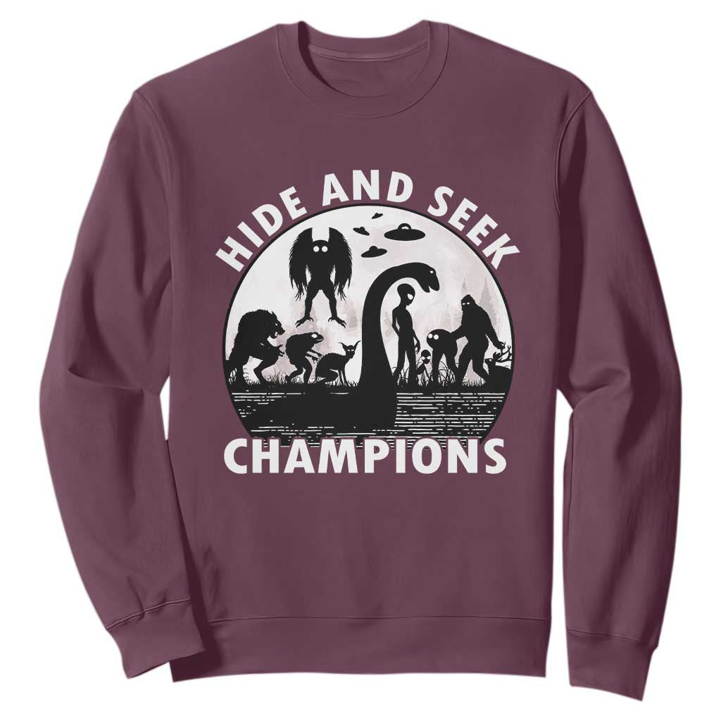 Hide And Seek Champions Sweatshirt Funny Cryptid Cryptozoology TS14 Maroon Print Your Wear