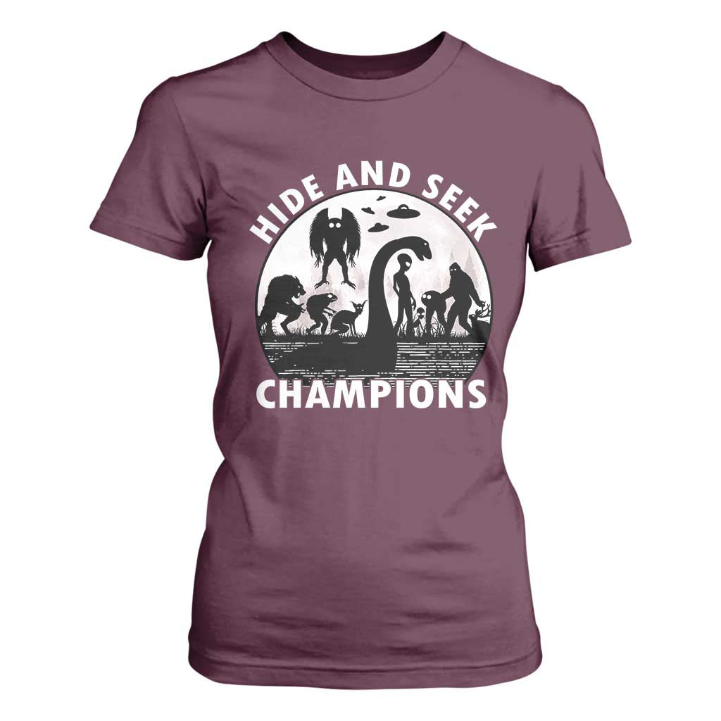 Hide And Seek Champions T Shirt For Women Funny Cryptid Cryptozoology TS14 Maroon Print Your Wear