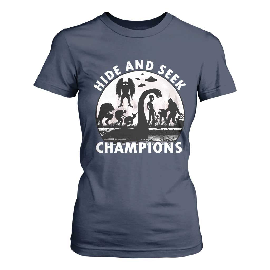 Hide And Seek Champions T Shirt For Women Funny Cryptid Cryptozoology TS14 Navy Print Your Wear