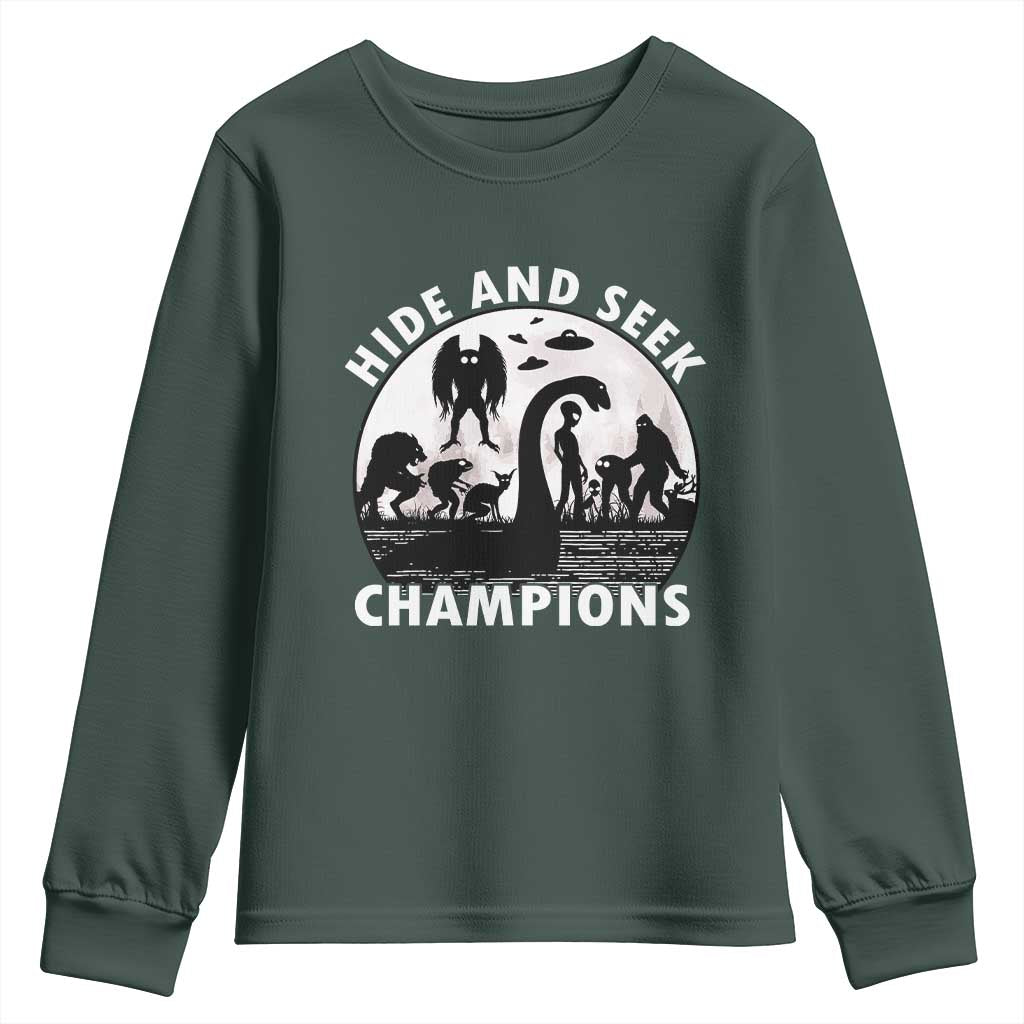 Hide And Seek Champions Youth Sweatshirt Funny Cryptid Cryptozoology TS14 Dark Forest Green Print Your Wear