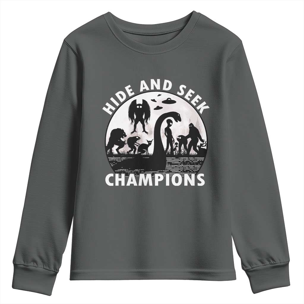 Hide And Seek Champions Youth Sweatshirt Funny Cryptid Cryptozoology TS14 Dark Heather Print Your Wear