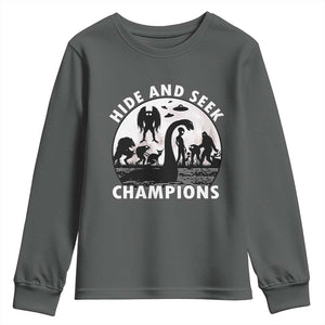 Hide And Seek Champions Youth Sweatshirt Funny Cryptid Cryptozoology TS14 Dark Heather Print Your Wear