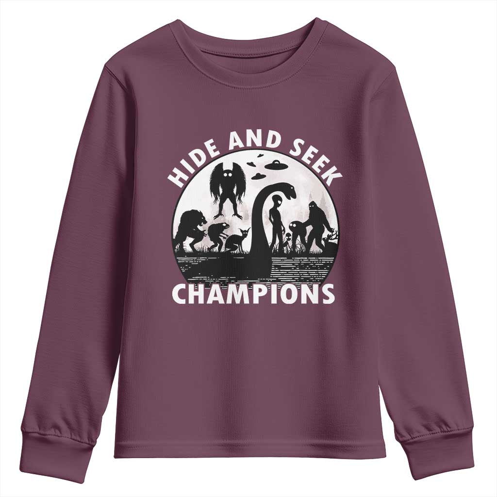 Hide And Seek Champions Youth Sweatshirt Funny Cryptid Cryptozoology TS14 Maroon Print Your Wear
