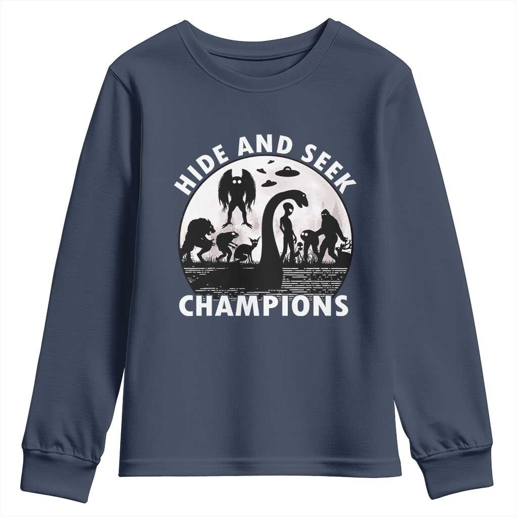 Hide And Seek Champions Youth Sweatshirt Funny Cryptid Cryptozoology TS14 Navy Print Your Wear