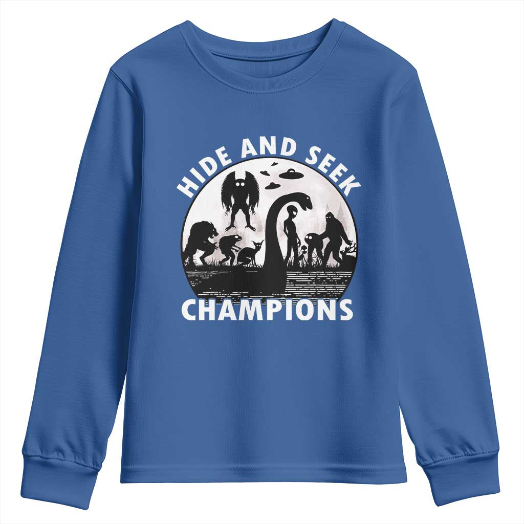 Hide And Seek Champions Youth Sweatshirt Funny Cryptid Cryptozoology TS14 Royal Blue Print Your Wear