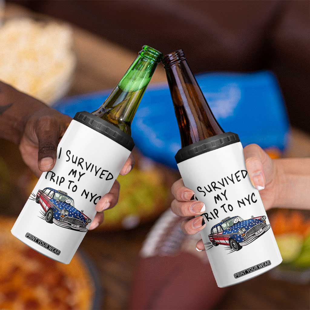 I Survived My Trip to NYC 4 in 1 Can Cooler Tumbler Funny New York City USA Flag Taxi Meme Gift
