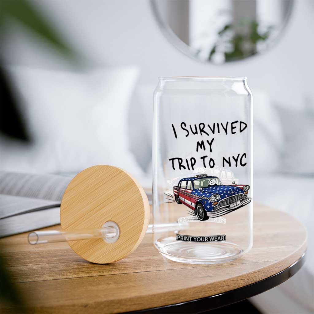 I Survived My Trip to NYC Glass Can Funny New York City USA Flag Taxi Meme Gift