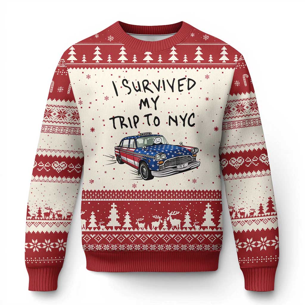 I Survived My Trip to NYC Ugly Christmas Sweater Funny New York City USA Flag Taxi Meme Gift
