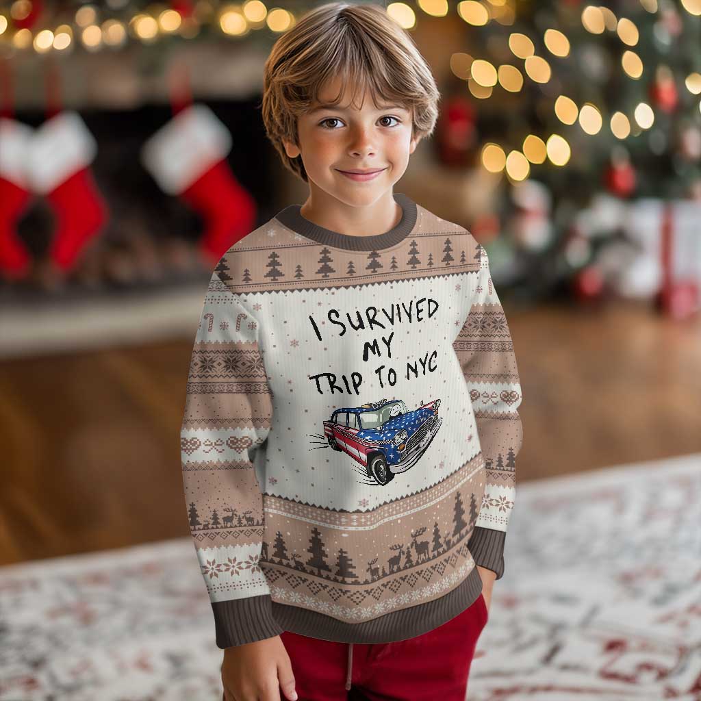 I Survived My Trip to NYC Ugly Christmas Sweater Funny New York City USA Flag Taxi Meme Gift