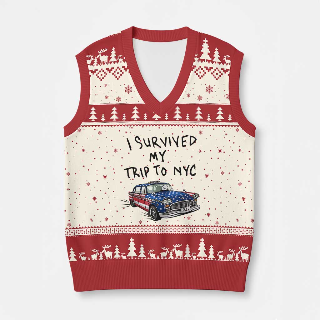 I Survived My Trip to NYC V-Neck Knit Sweater Vest Funny New York City USA Flag Taxi Meme Gift TS14 Beige Red Print Your Wear