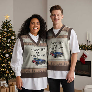 I Survived My Trip to NYC V-Neck Knit Sweater Vest Funny New York City USA Flag Taxi Meme Gift