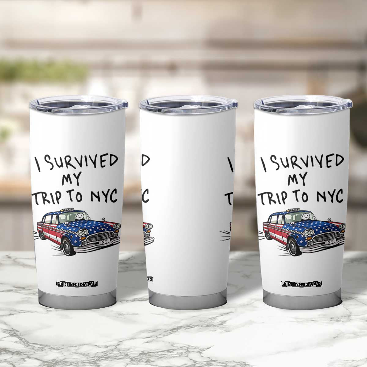 I Survived My Trip to NYC Tumbler Cup Funny New York City USA Flag Taxi Meme Gift