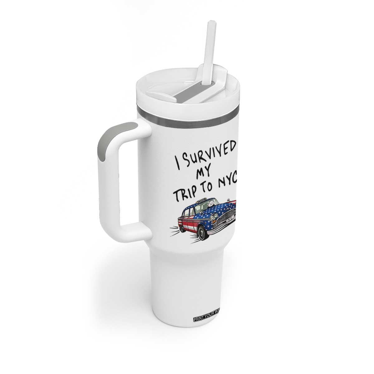 I Survived My Trip to NYC Tumbler With Handle Funny New York City USA Flag Taxi Meme Gift