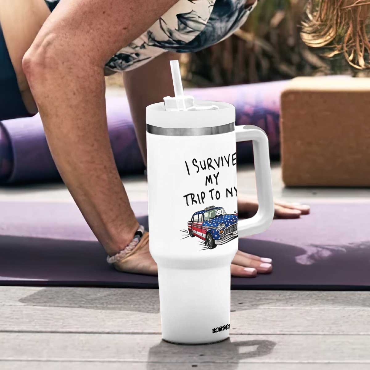 I Survived My Trip to NYC Tumbler With Handle Funny New York City USA Flag Taxi Meme Gift