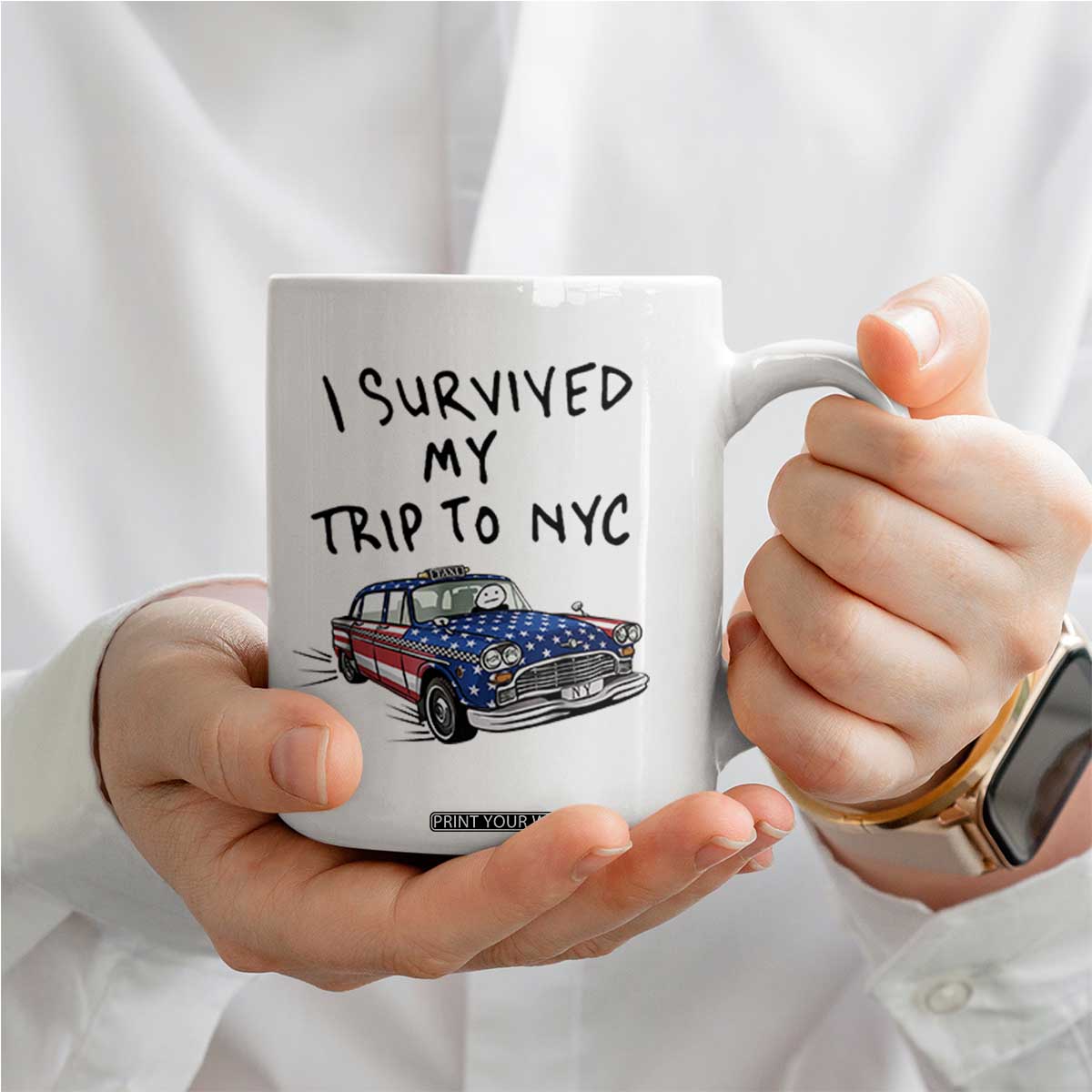 I Survived My Trip to NYC Coffee Mug Funny New York City USA Flag Taxi Meme Gift
