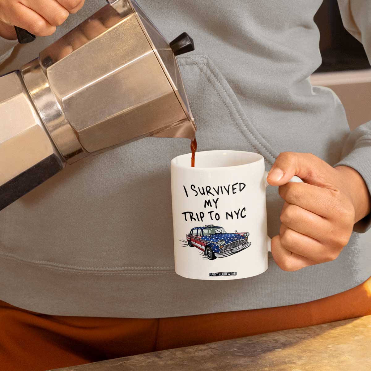 I Survived My Trip to NYC Coffee Mug Funny New York City USA Flag Taxi Meme Gift