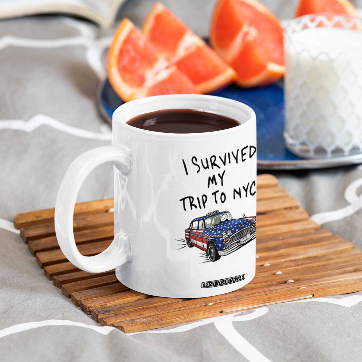 I Survived My Trip to NYC Coffee Mug Funny New York City USA Flag Taxi Meme Gift