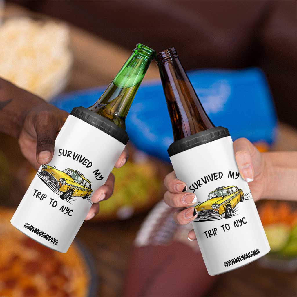 I Survived My Trip to NYC 4 in 1 Can Cooler Tumbler Funny New York City Yellow Taxi Meme Gift
