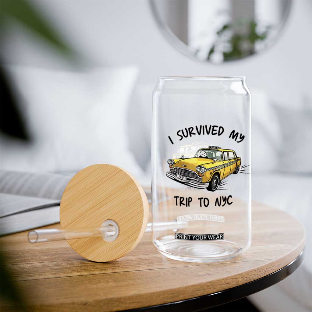 I Survived My Trip to NYC Glass Can Funny New York City Yellow Taxi Meme Gift