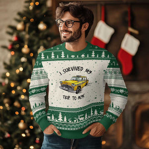 I Survived My Trip to NYC Ugly Christmas Sweater Funny New York City Yellow Taxi Meme Gift