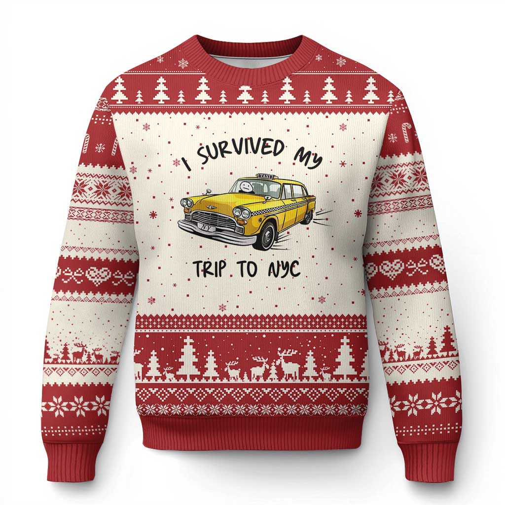 I Survived My Trip to NYC Ugly Christmas Sweater Funny New York City Yellow Taxi Meme Gift