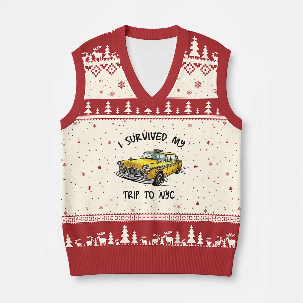 I Survived My Trip to NYC V-Neck Knit Sweater Vest Funny New York City Yellow Taxi Meme Gift TS14 Beige Red Print Your Wear