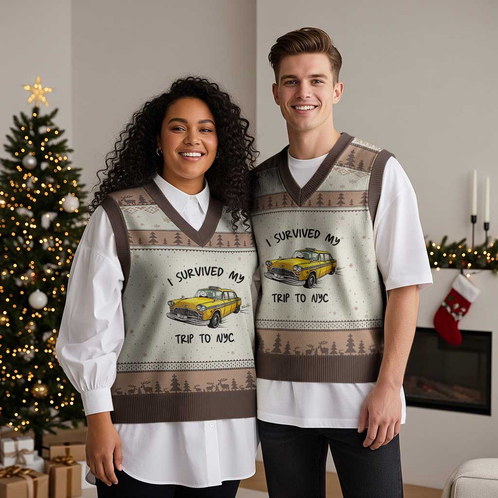 I Survived My Trip to NYC V-Neck Knit Sweater Vest Funny New York City Yellow Taxi Meme Gift