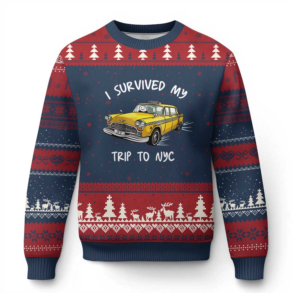 I Survived My Trip to NYC Ugly Christmas Sweater Funny New York City Yellow Taxi Meme