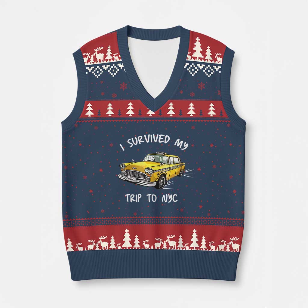 I Survived My Trip to NYC V-Neck Knit Sweater Vest Funny New York City Yellow Taxi Meme