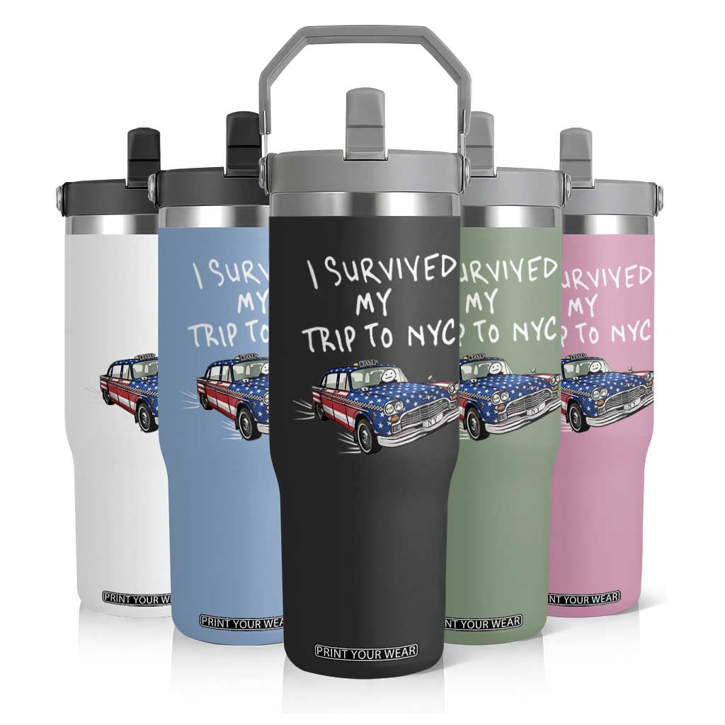I Survived My Trip to NYC Flip Straw Tumbler Funny New York City USA Flag Taxi Meme