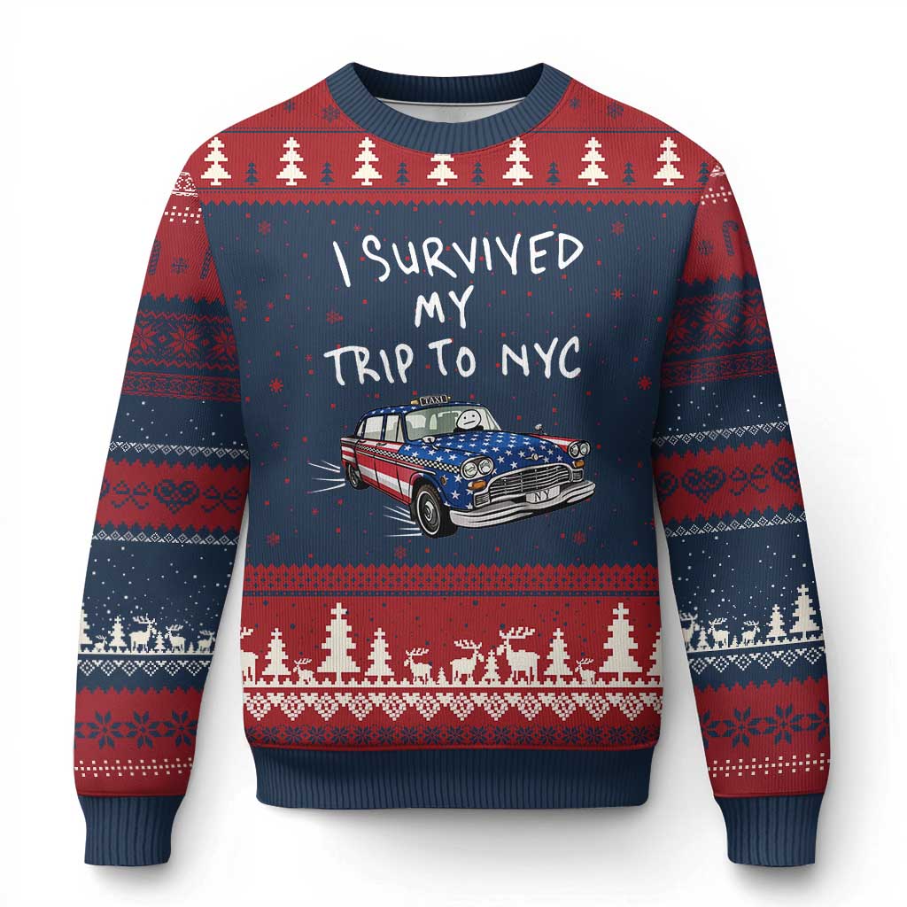 I Survived My Trip to NYC Ugly Christmas Sweater Funny New York City USA Flag Taxi Meme