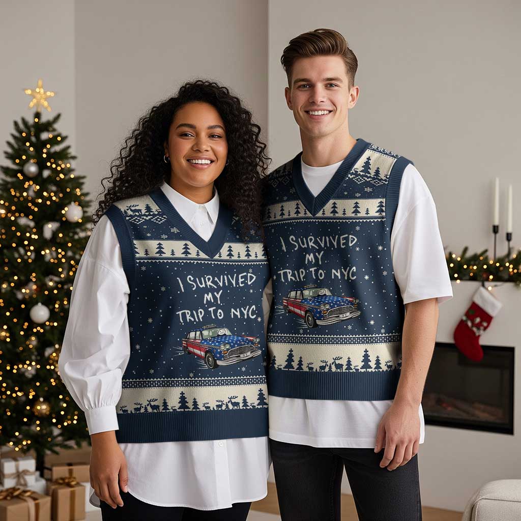 I Survived My Trip to NYC V-Neck Knit Sweater Vest Funny New York City USA Flag Taxi Meme