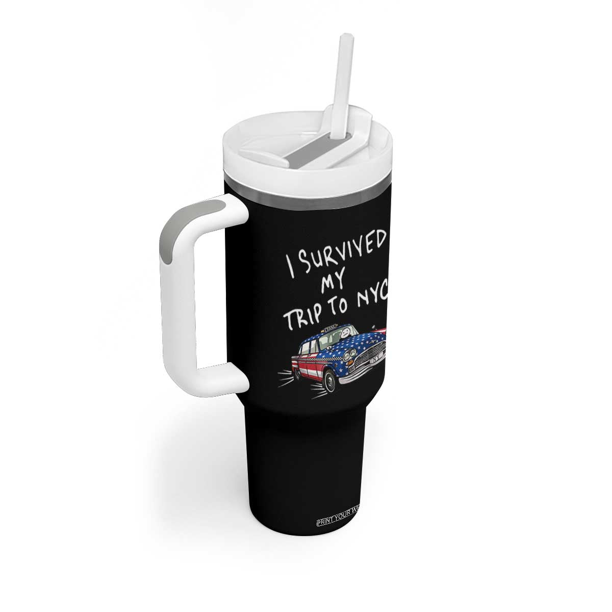 I Survived My Trip to NYC Tumbler With Handle Funny New York City USA Flag Taxi Meme