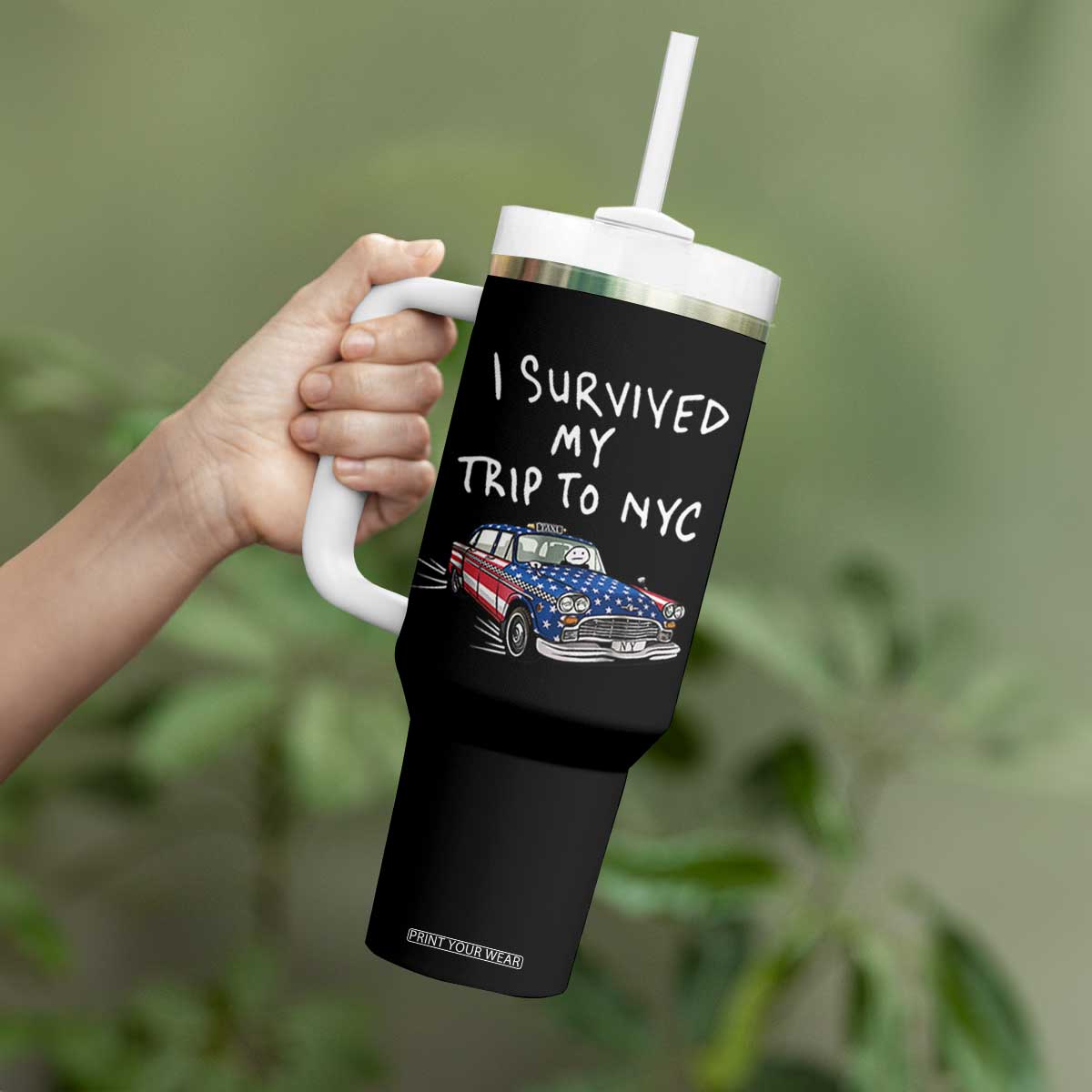I Survived My Trip to NYC Tumbler With Handle Funny New York City USA Flag Taxi Meme