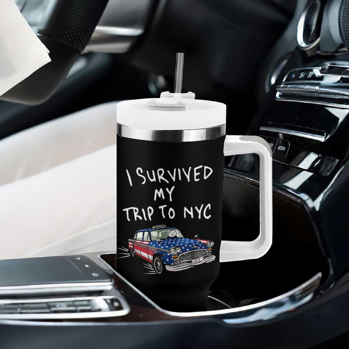 I Survived My Trip to NYC Tumbler With Handle Funny New York City USA Flag Taxi Meme
