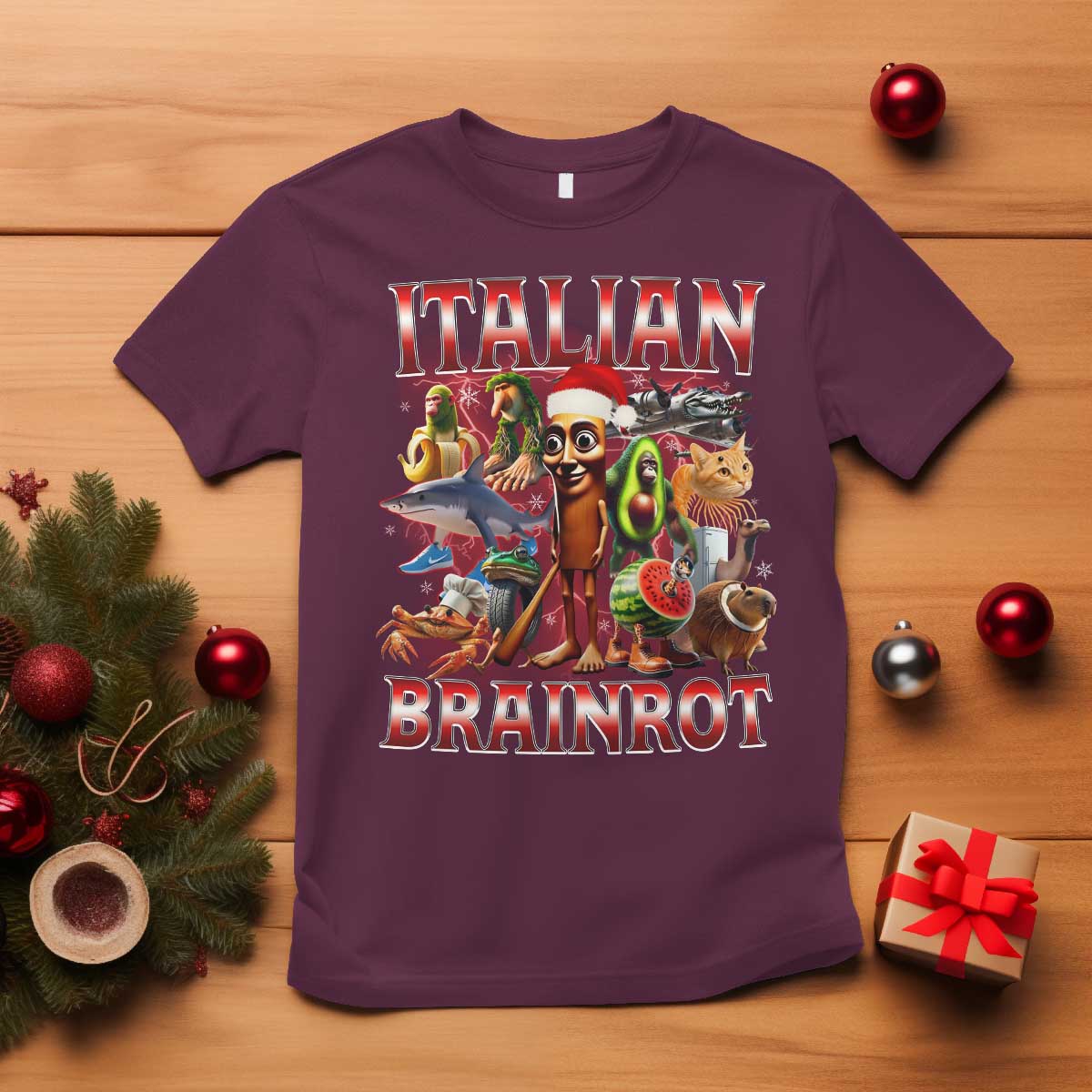 Italian Brainrot Christmas Meme T Shirt Funny Brain Rot Gen Z Meme TS14 Maroon Print Your Wear