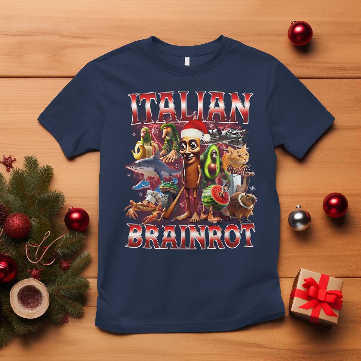 Italian Brainrot Christmas Meme T Shirt Funny Brain Rot Gen Z Meme TS14 Navy Print Your Wear