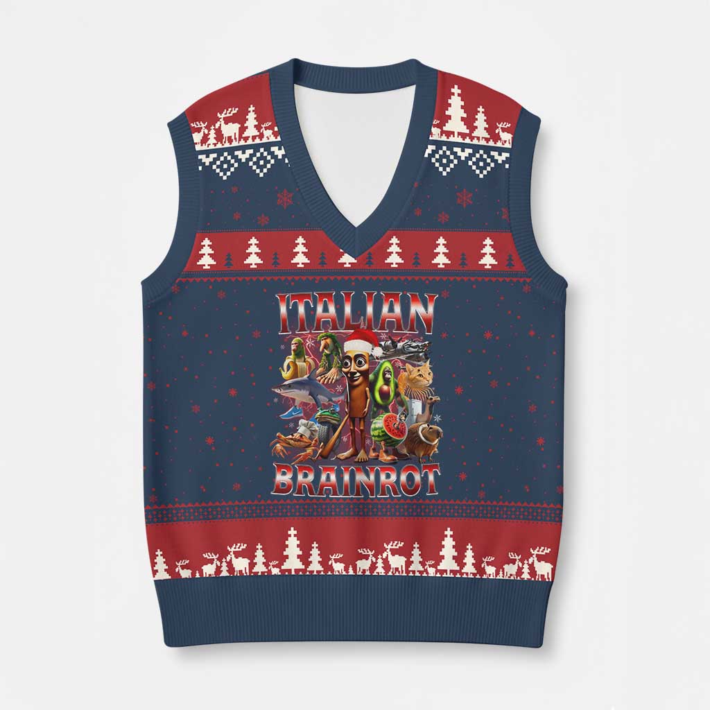 Italian Brainrot Xmas Meme V-Neck Knit Sweater Vest Funny Brain Rot Gen Z Meme TS14 Navy Red Print Your Wear