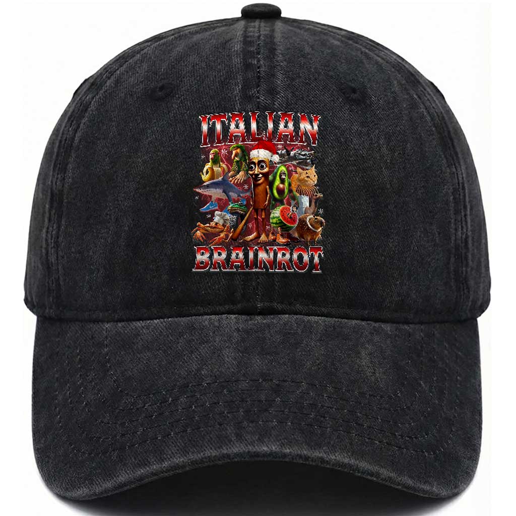 Italian Brainrot Christmas Meme Washed Cotton Baseball Cap Funny Brain Rot Gen Z Meme TS14 Washed Cap Universal Fit Black Print Your Wear