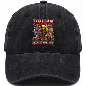Italian Brainrot Christmas Meme Washed Cotton Baseball Cap Funny Brain Rot Gen Z Meme TS14 Washed Cap Universal Fit Black Print Your Wear