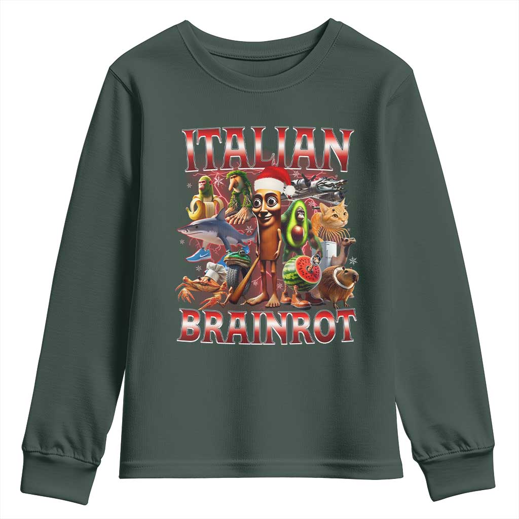 Italian Brainrot Christmas Meme Youth Sweatshirt Funny Brain Rot Gen Z Meme TS14 Dark Forest Green Print Your Wear