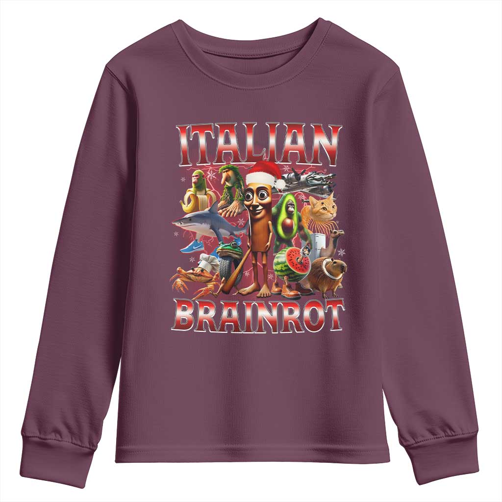 Italian Brainrot Christmas Meme Youth Sweatshirt Funny Brain Rot Gen Z Meme TS14 Maroon Print Your Wear